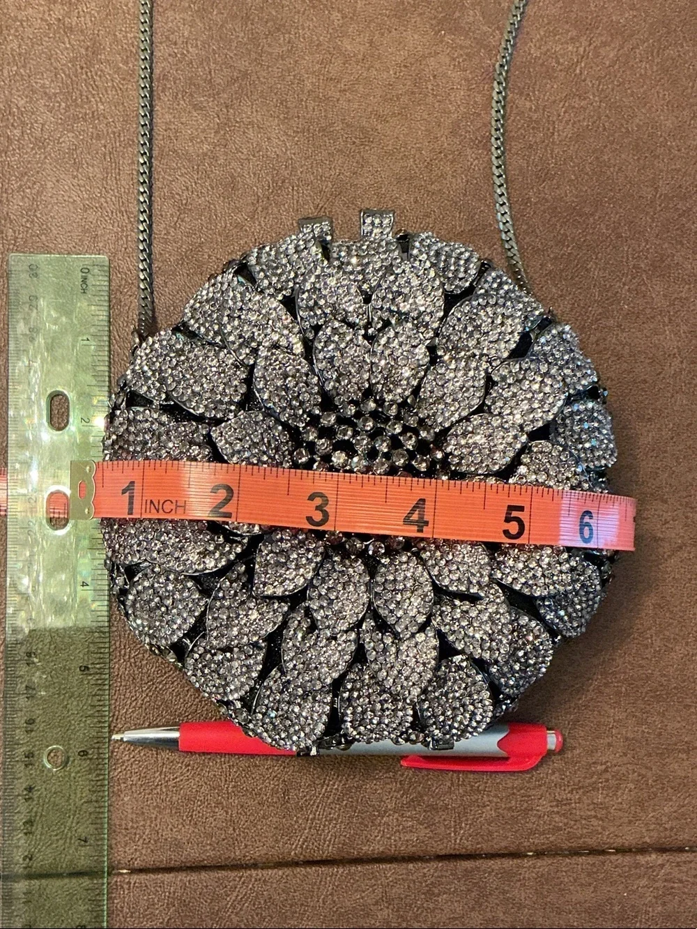 NWT Off Park Collection Designer Gun Metal Crystal Flower Evening Bag Clutch 6”